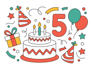A colorful illustration of a birthday cake, balloons, party hats, and confetti celebrating the number five.
