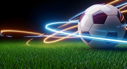 Soccer ball with neon lights on green grass