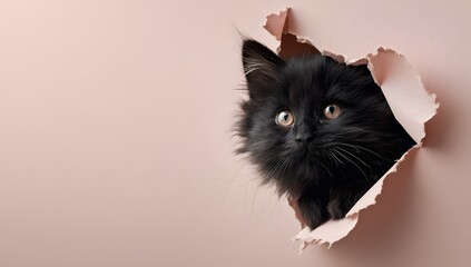 A curious black cat peeks out from a torn hole in a pink colored paper background