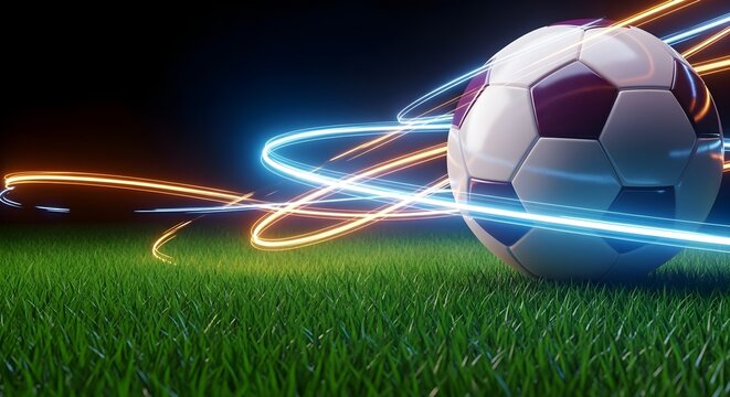 Soccer ball with neon lights on green grass