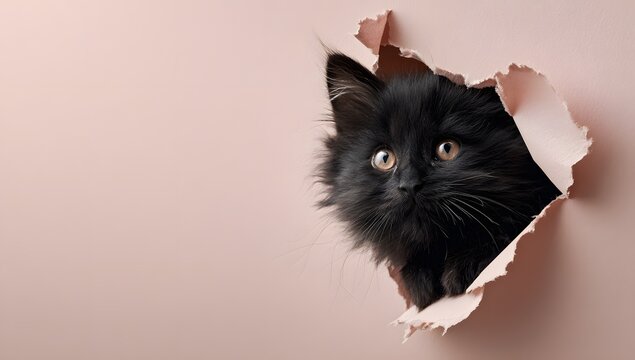 A curious black cat peeks out from a torn hole in a pink colored paper background