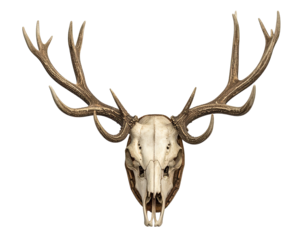 Overhead view of a deer skull and large antlers, against a solid black background
