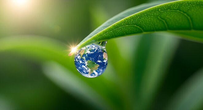 Earth reflection in water droplet on green leaf