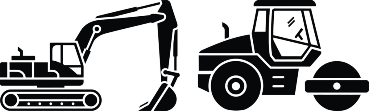 Heavy machinery construction vehicles excavator and road roller