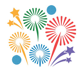 Colorful fireworks burst and explode in a celebratory display against a white background.