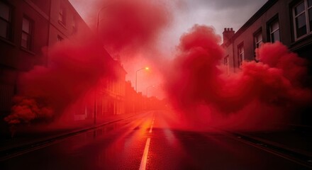 Red smoke engulfing a street with buildings and a street light in the background in a city setting