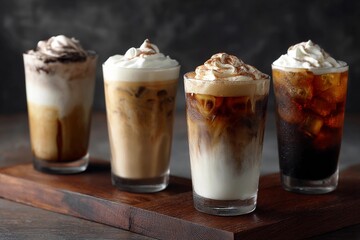 Diverse selection of delicious iced beverages with whipped cream served on a wooden platter in a cozy cafe setting