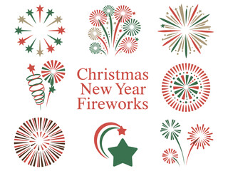A collection of festive fireworks illustrations for Christmas and New Year celebrations.