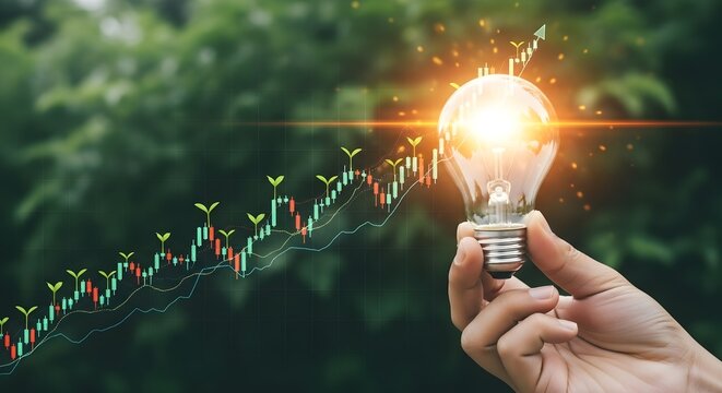 Hand holding light bulb with stock market graph overlay
