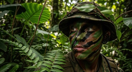 Soldier with camouflage face paint and hat in a dense green jungle looking alert and on guard duty