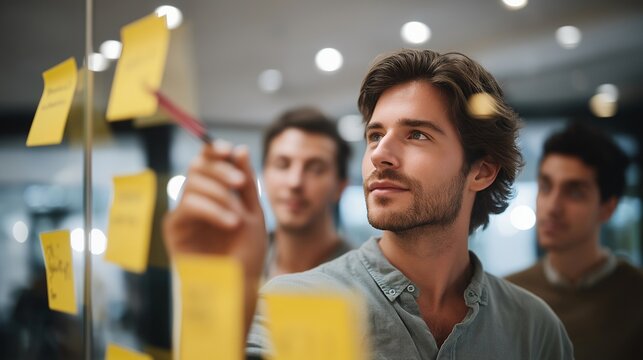 A startup team in a modern co-working space launching into a “sprint planning” session, sticky notes and digital dashboards glowing as they map rapid-development tasks — agile workflow, project