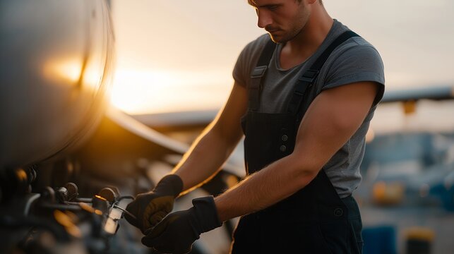 An aviation engineer performing a detailed wing inspection at sunrise, running a gloved hand along the metal surface while checking rivets and flap mechanisms under warm golden light — aircraft