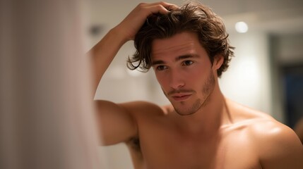 A man styling his hair with matte pomade in a contemporary loft bathroom, checking shape and volume in a fog-free mirror — grooming products, men’s hair styling, and urban lifestyle imagery.