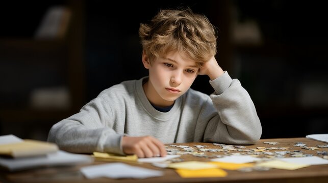 A young student tackling a complex puzzle challenge at a wooden desk, sticky notes and textbooks scattered around, expression focused and determined — learning resilience and mental agility.