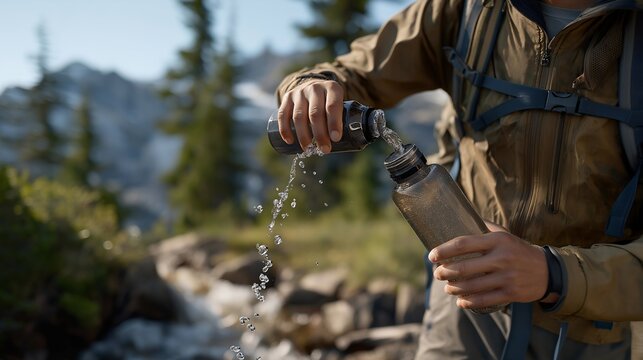 A compact water-purification device filtering river water on a hiking trail, clear droplets falling into a reusable bottle as hikers prepare for the journey — outdoor survival tech, eco-friendly
