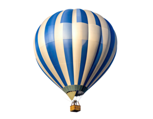 A vibrant hot air balloon ascends. It is colored in alternating blue and white stripes