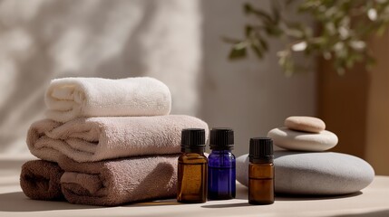 A luxury spa scene showing aromatherapy oils, cooling stones, and soft towels arranged for a professional lymphatic drainage session — spa atmosphere, relaxation environment, and premium beauty