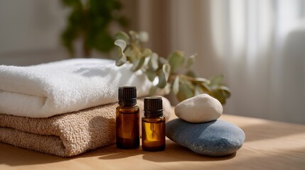 A luxury spa scene showing aromatherapy oils, cooling stones, and soft towels arranged for a professional lymphatic drainage session — spa atmosphere, relaxation environment, and premium beauty