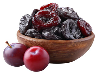 PNG of A wooden bowl overflowing with dried prunes and fresh red plums, symbolizing healthy snacking.