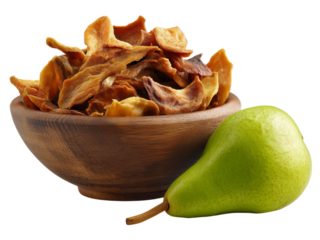 PNG of A wooden bowl filled with dried fruit slices alongside a fresh green pear, highlighting both healthy snacking options.