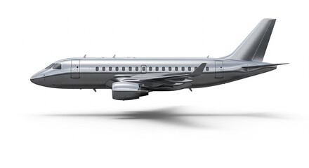 A silver airplane with visible windows and wings isolated against a white background in a side view