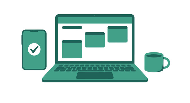 Modern technology setup with a laptop, smartphone, and coffee cup on a white background