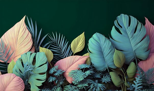 Tropical Leaves Illuminated with space and Notanical herbal exotic tropical plants herbs flowers botanical foliage background nature jungle lanfscape. 