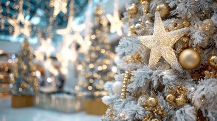 Obraz premium A Christmas tree with gold and white decorations and a star on top. The tree is surrounded by boxes and other decorations