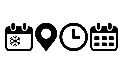 Icons representing a calendar with a snowflake, a location pin, a clock, and a calendar.