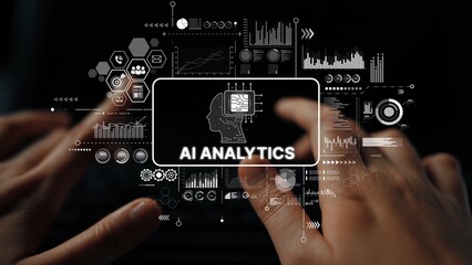 Hands Typing on Keyboard with AI Analytics Visuals and Data Graphic Elements in Modern Digital Environment. Asymptotic smart data analytic.