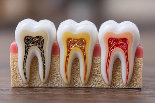 Model of dental anatomy showcasing healthy and decayed teeth in vibrant colors, highlighting key structures and details