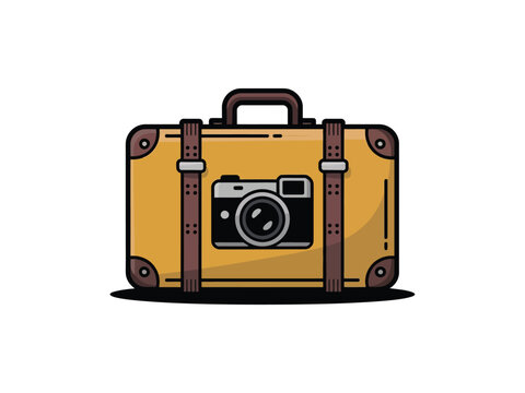 A vintage suitcase with a camera attached to its front represents travel and photography. - Powered by Adobe