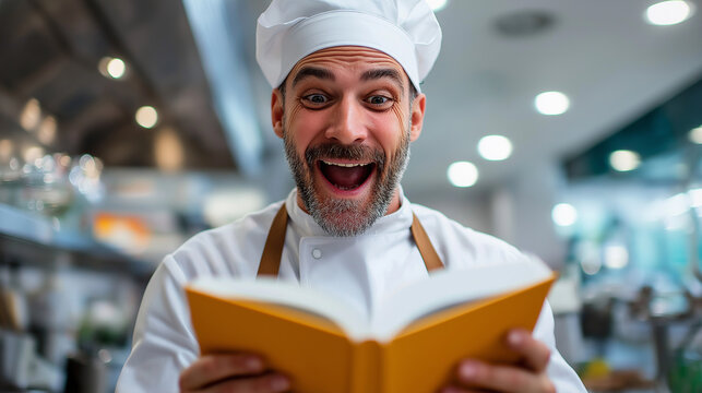 Chef opening cookbook to bestseller list mention, kitchen staff cheer, culinary authorship win, with copy space