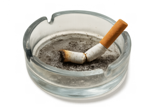 Ashtray with cigarette butt and ash, symbolizing smoking addiction, bad habit, and health risk, on transparent background
