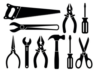 A collection of common hand tools is displayed as silhouettes against a white background.