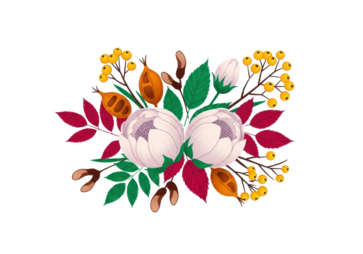 Artfully composed autumn floral bouquet with light cream lavender-tipped buds, emerald green and crimson red leaves, earthy orange-brown seed pods, yellow berries on brown branches, centered on pure