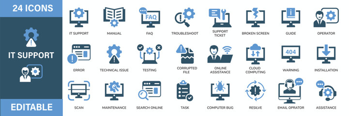 Professional IT Support & Technical Assistance Icons – Computer Troubleshooting, Error Warning, Cloud Computing, Maintenance, Installation, Online Help & Customer Service Symbol Set