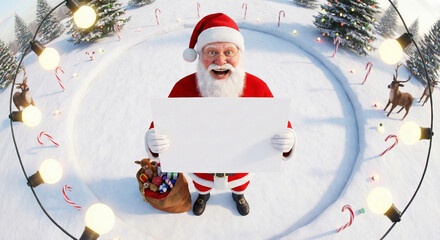 Santa Claus Holding a Sign Amidst a Festive Winter Wonderland: A jolly figure in a red suit joyfully holds a blank sign, surrounded by glowing lights, festive decor, and a snowy winter landscape.