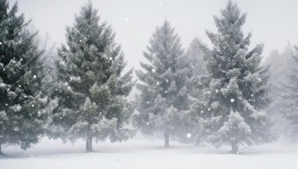 Winter scene of frosted evergreen trees with falling snowflakes in a snowy landscape