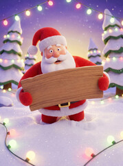 Santa Claus Holds a Sign in Winter Wonderland: In a serene winter wonderland, a jovial Santa Claus with a twinkle in his eye, holds a rustic wooden sign, encircled by twinkling lights.