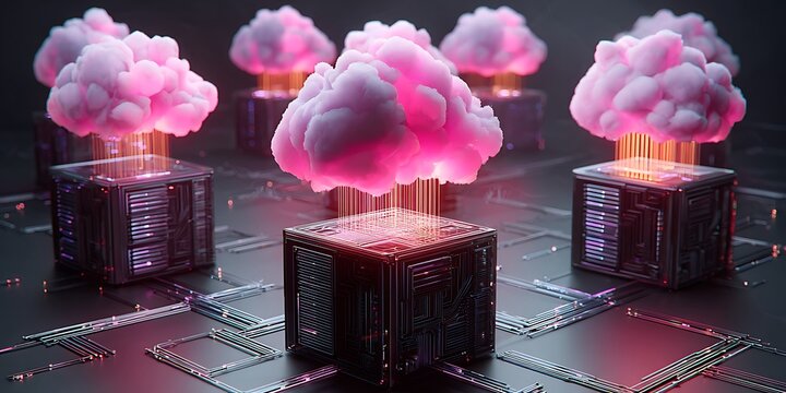 abstract representation of cloud computing infrastructure with glowing pink clouds atop dark metallic server cubes. - Powered by Adobe