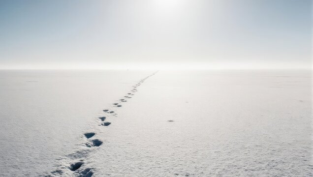 Footprints leading across a vast snow-covered plain towards a bright, hazy horizon
