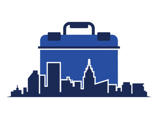 A blue toolbox silhouette sits atop a cityscape, symbolizing urban work and maintenance.