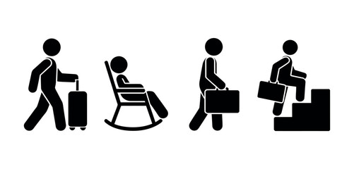 Stick figures illustrate travel, relaxation, and career progression with briefcases.