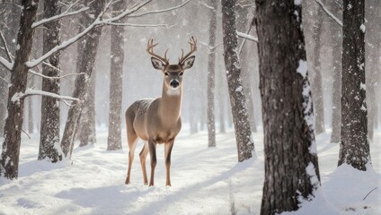 A majestic buck with antlers stands amidst snow-covered trees in a winter forest