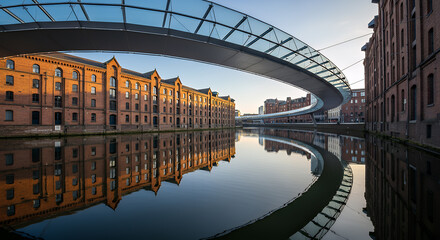 Modern glass bridge arches over historic brick warehouse buildings reflected in calm water canal at sunrise