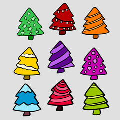 Colorful Christmas tree illustration set in a cute hand-drawn doodle style. Festive holiday icons with unique patterns, perfect for winter designs, printables, decor, and creative projects.