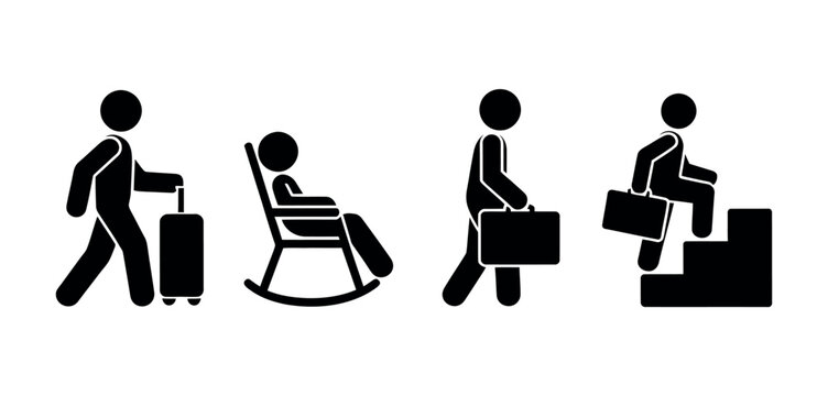 Stick figures illustrate travel, relaxation, and career progression with briefcases.