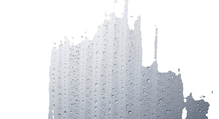 A pristine glass surface with glistening water droplets and delicate vertical condensation streaks, macro photorealistic extreme close-up on a light grey studio background, shallow depth of field,