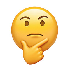 A vibrant yellow thinking emoji face with furrowed brows and eyes looking upper-left, paired with an orange cartoon hand under its chin, on a transparent background, digital illustration. Concept of